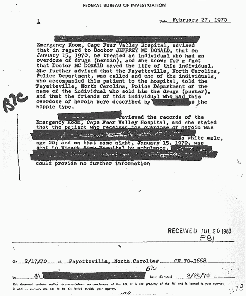 February 27, 1970: FBI File re: Investigative activity reported Feb. 17, 1970 re: Jeffrey MacDonald, p. 1 of 3