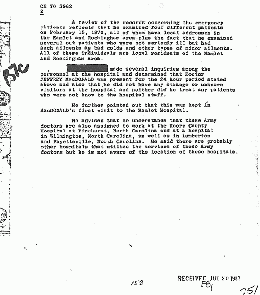 February 27, 1970: FBI File re: Investigative activity reported Feb. 17, 1970 re: Jeffrey MacDonald, p. 3 of 3