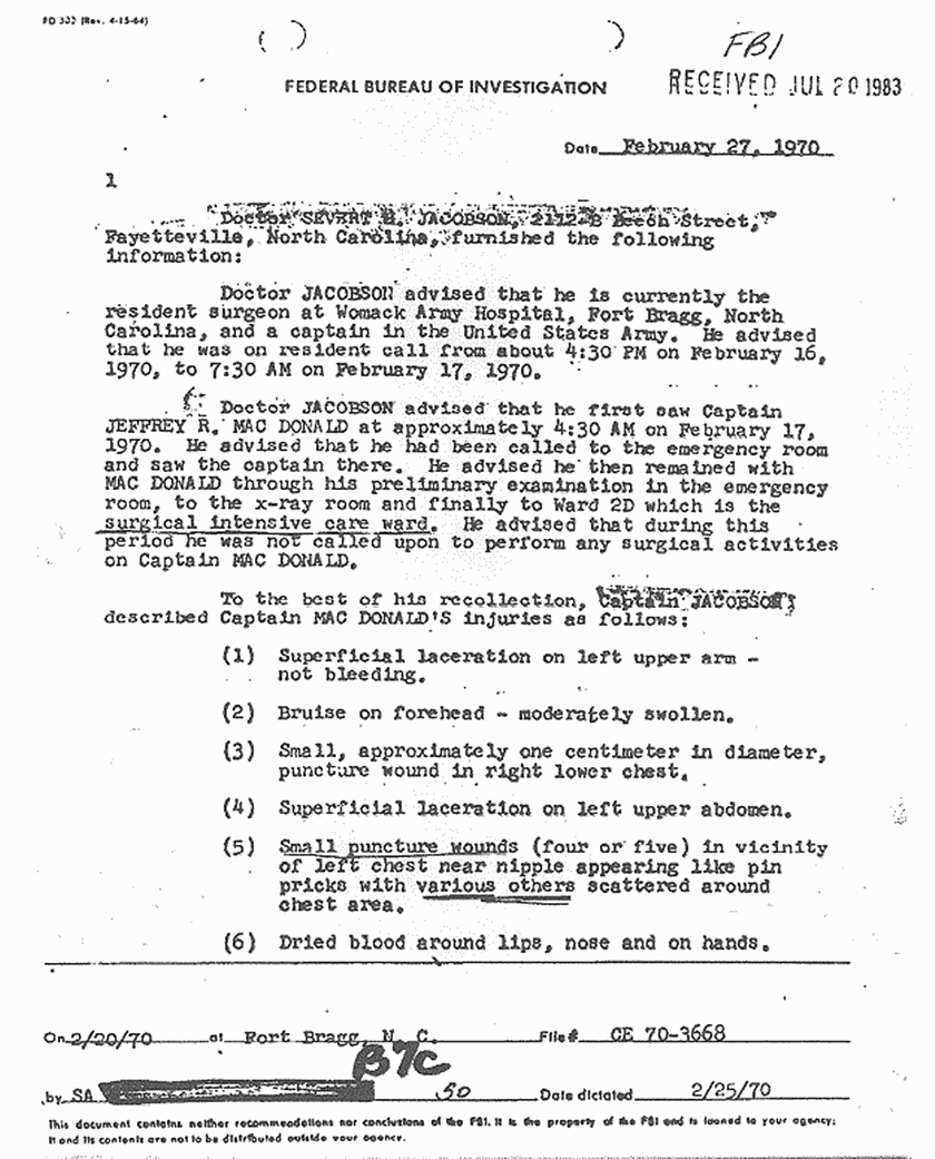 February 27, 1970: FBI File re: Feb. 20, 1970 interview of Dr. Severt Jacobson, p. 1 of 3