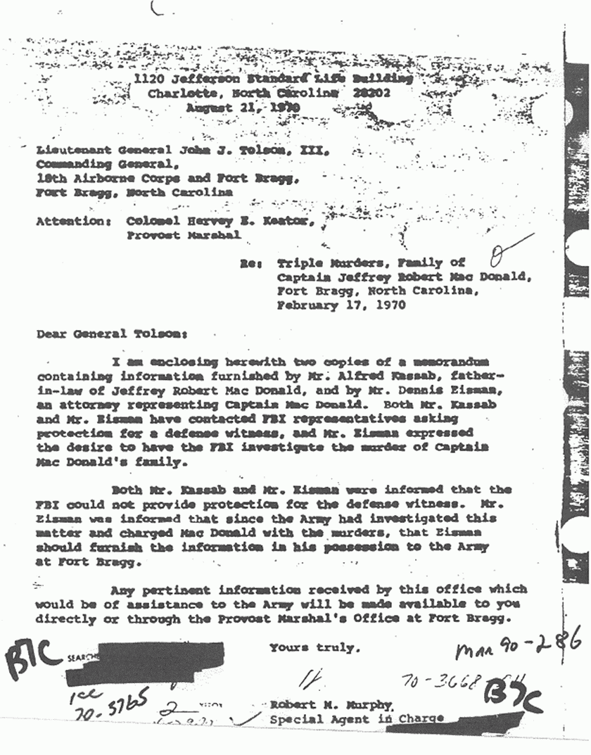 August 21, 1970: Letter from FBI SA Robert Murphy to Lt. General John Tolson re: Kassab-Eisman request