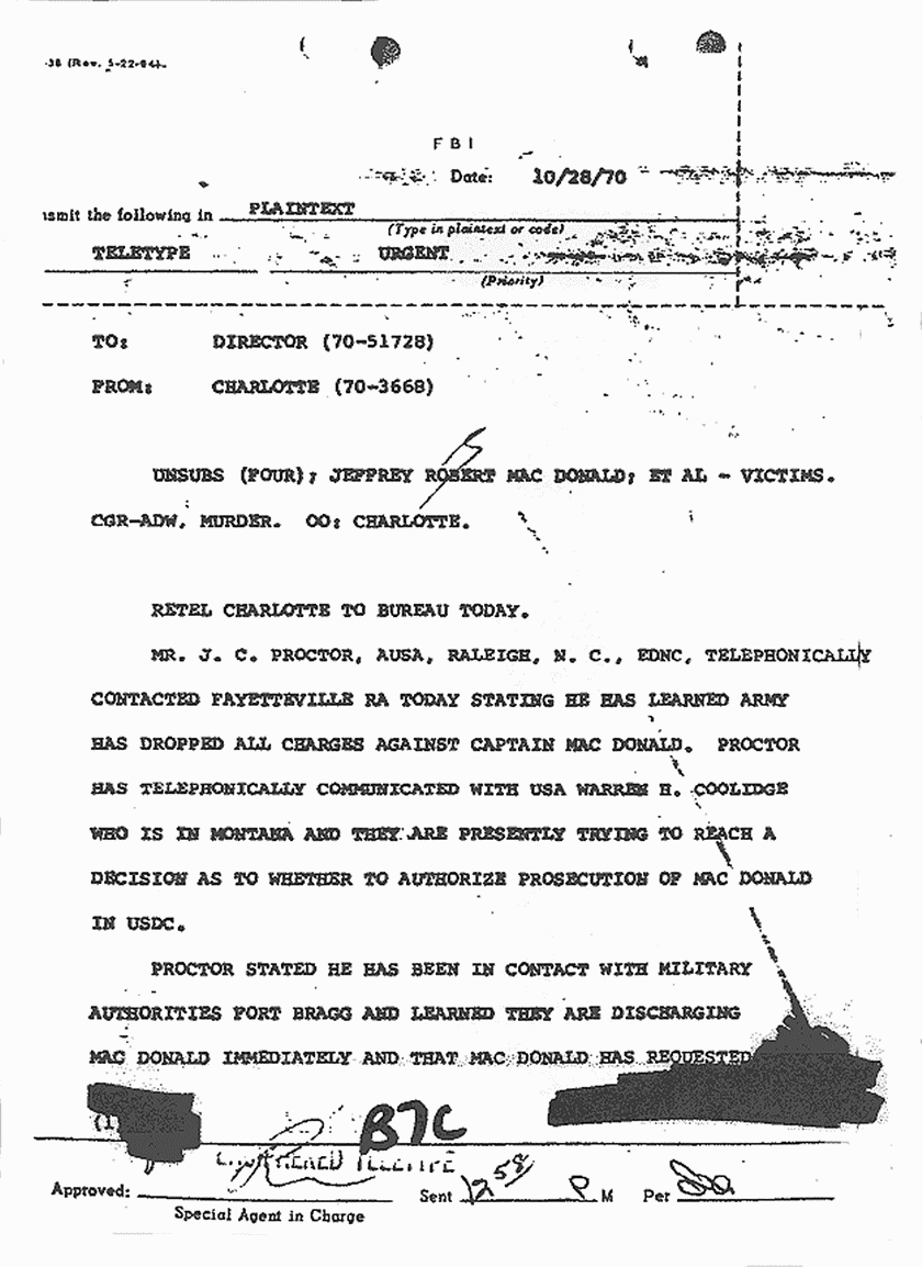 October 28, 1970: Memo re: Jimmie Proctor's contact with FBI re: guarding crime scene, p. 1 of 3
