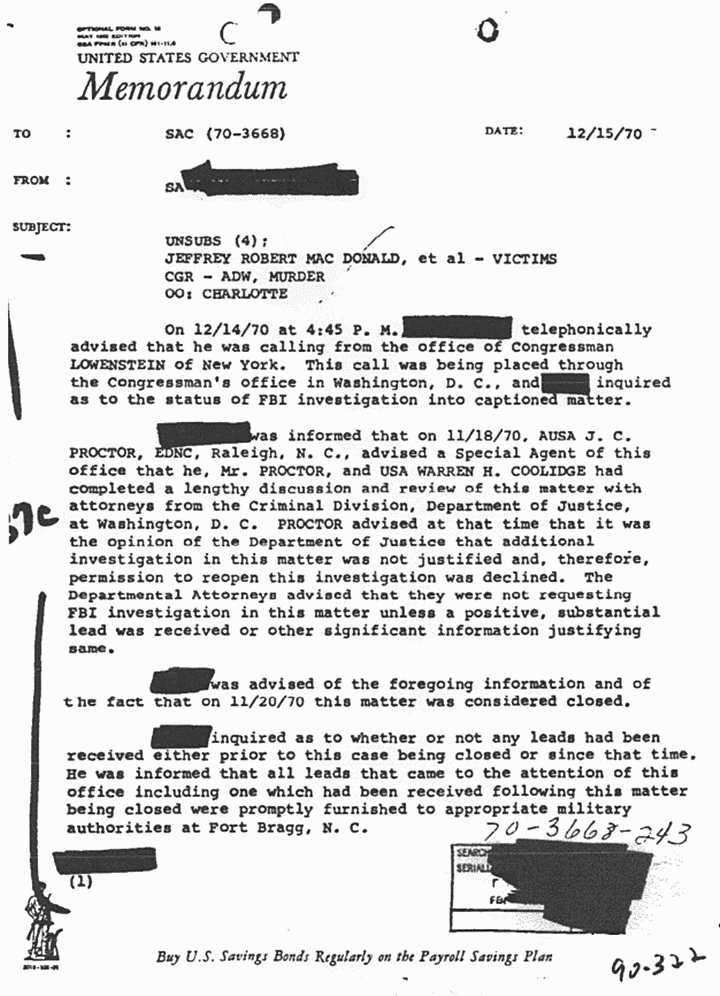 December 15, 1970: Memo re: Congressman Allard Lowenstein's inquiry about case status, p. 1 of 2