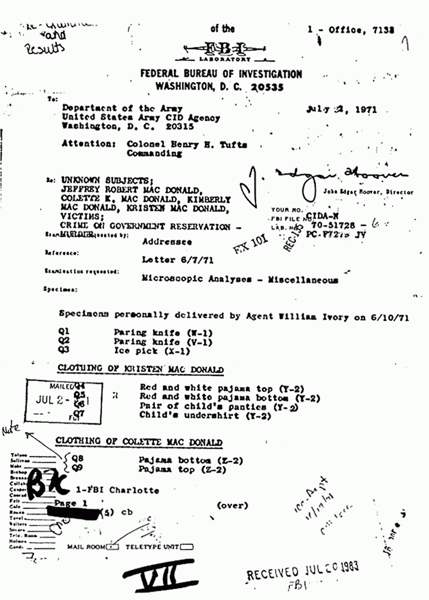 July 2, 1971: FBI Laboratory Report (Paul Stombaugh) re: Results of examinations on clothing, p. 1 of 6 July 2, 1971: FBI Laboratory Report (Paul Stombaugh) re: Results of examinations on clothing, p. 1 of 6
