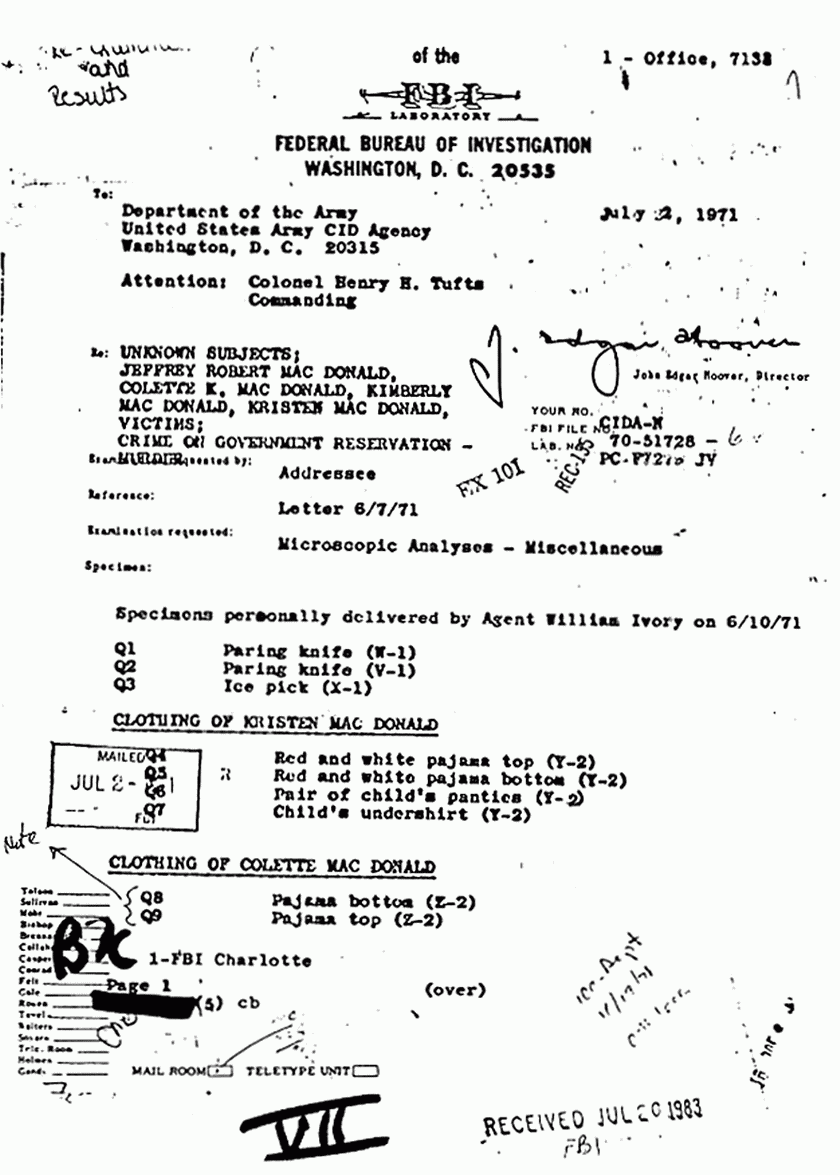 July 2, 1971: FBI Laboratory Report (Paul Stombaugh) re: Results of examinations on clothing, p. 1 of 6