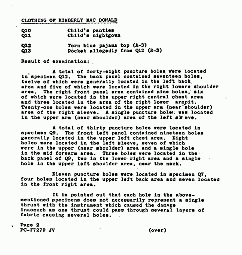 July 2, 1971: FBI Laboratory Report (Paul Stombaugh) re: Results of examinations on clothing, p. 2 of 6 July 2, 1971: FBI Laboratory Report (Paul Stombaugh) re: Results of examinations on clothing, p. 2 of 6