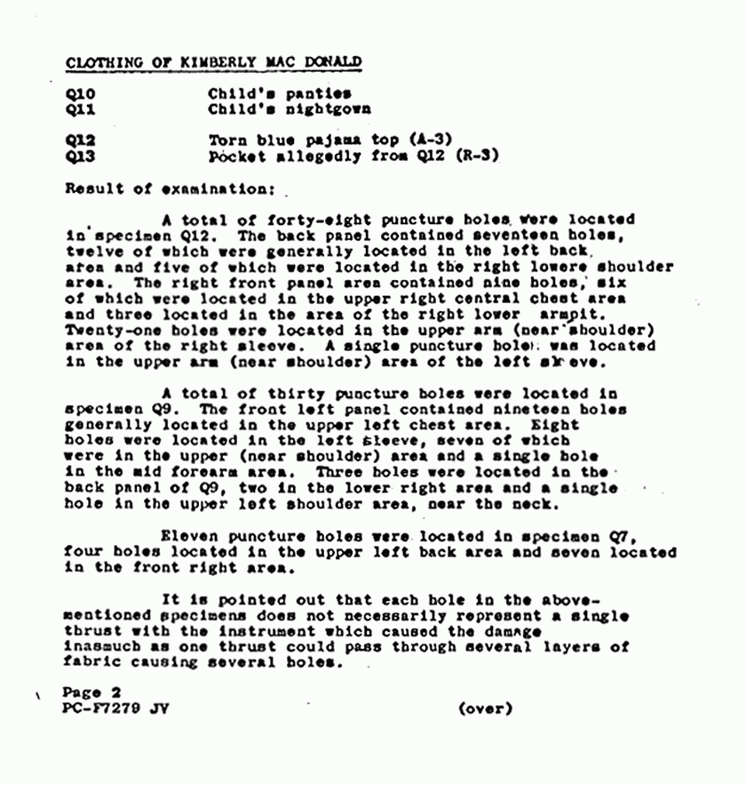 July 2, 1971: FBI Laboratory Report (Paul Stombaugh) re: Results of examinations on clothing, p. 2 of 6