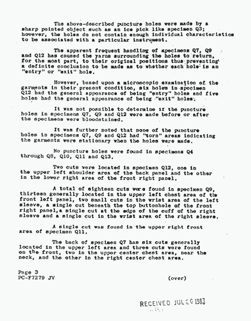 July 2, 1971: FBI Laboratory Report (Paul Stombaugh) re: Results of examinations on clothing, p. 3 of 6 July 2, 1971: FBI Laboratory Report (Paul Stombaugh) re: Results of examinations on clothing, p. 3 of 6