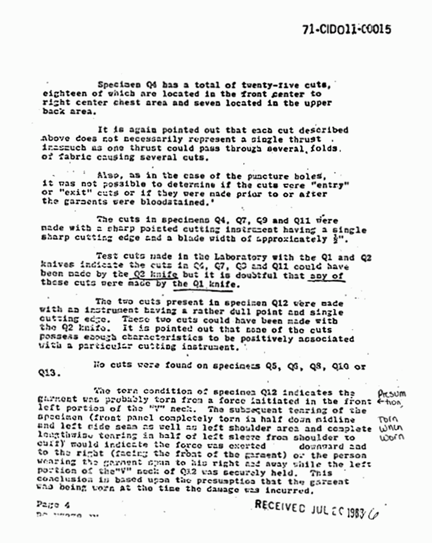 July 2, 1971: FBI Laboratory Report (Paul Stombaugh) re: Results of examinations on clothing, p. 4 of 6 July 2, 1971: FBI Laboratory Report (Paul Stombaugh) re: Results of examinations on clothing, p. 4 of 6