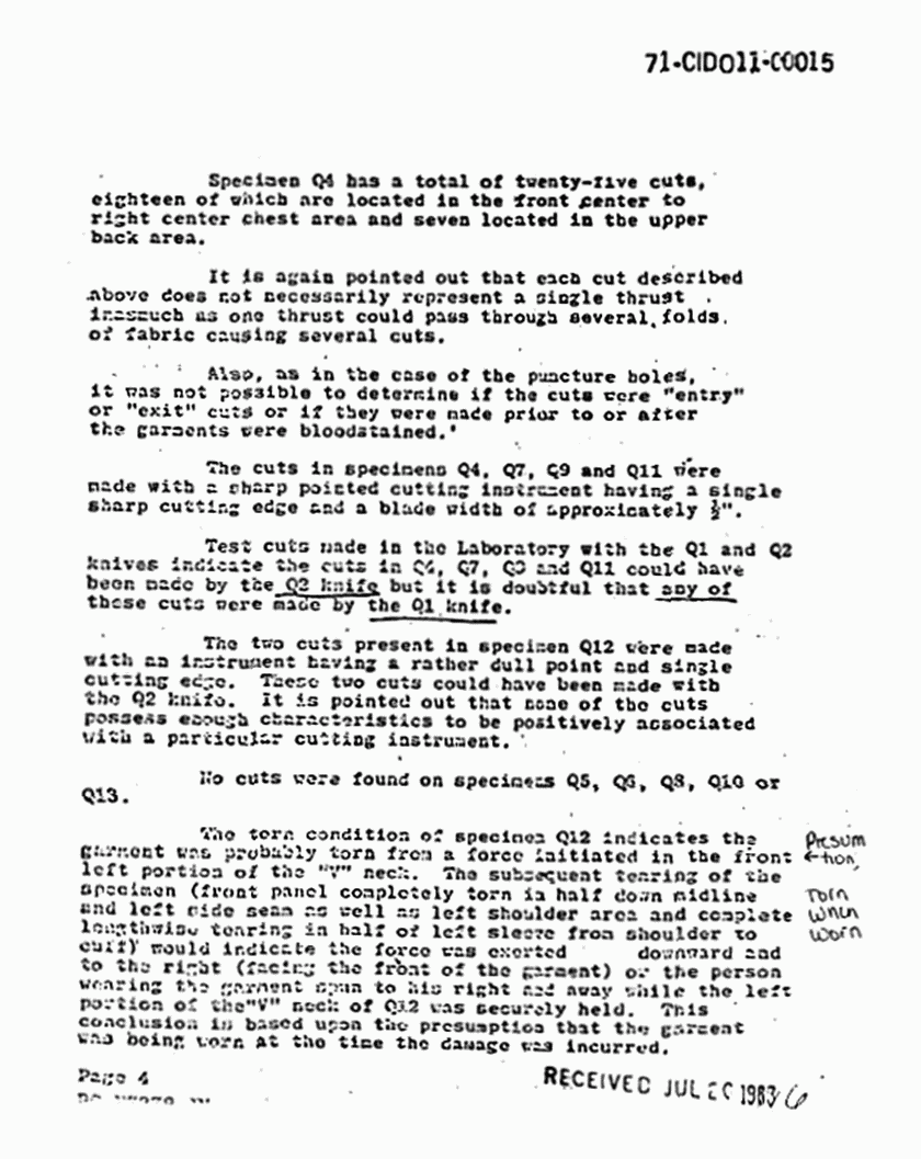 July 2, 1971: FBI Laboratory Report (Paul Stombaugh) re: Results of examinations on clothing, p. 4 of 6