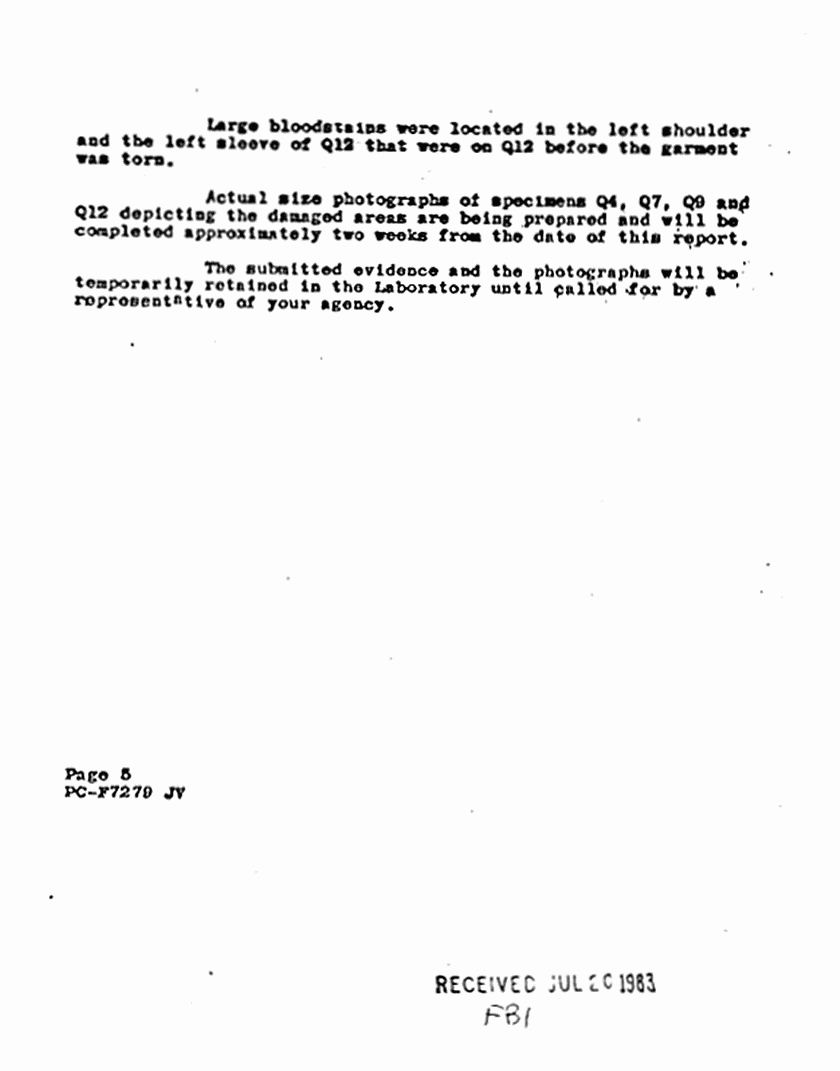 July 2, 1971: FBI Laboratory Report (Paul Stombaugh) re: Results of examinations on clothing, p. 5 of 6 July 2, 1971: FBI Laboratory Report (Paul Stombaugh) re: Results of examinations on clothing, p. 5 of 6