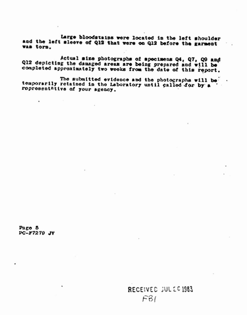 July 2, 1971: FBI Laboratory Report (Paul Stombaugh) re: Results of examinations on clothing, p. 5 of 6
