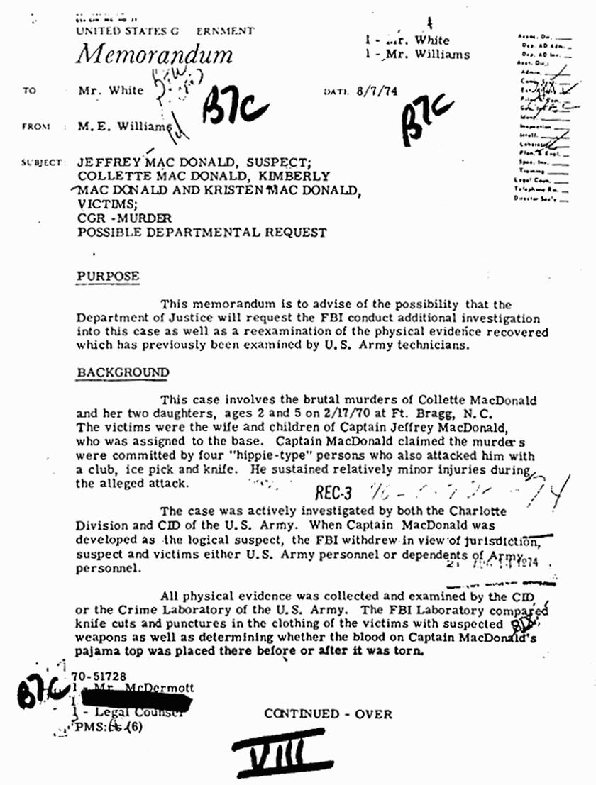 August 7, 1974: Memo re: DOJ's possible request for further investigation and exams, p. 1 of 2