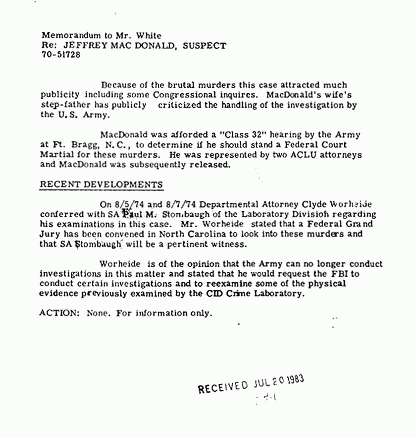 August 7, 1974: Memo re: DOJ's possible request for further investigation and exams, p. 2 of 2