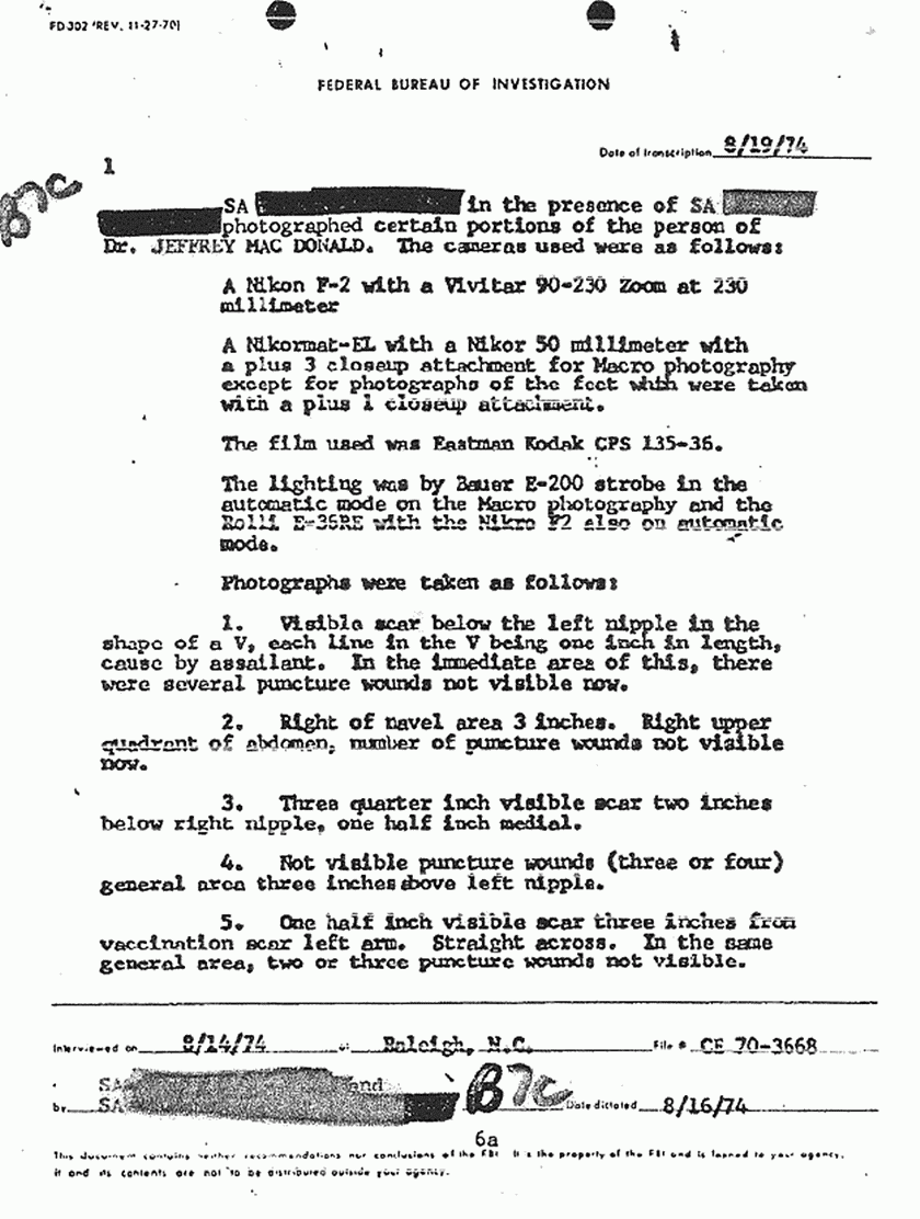 August 19, 1974: FBI File re: Photos, hair samples and footprints of Jeffrey MacDonald taken Aug. 14, 1974, p. 1 of 3