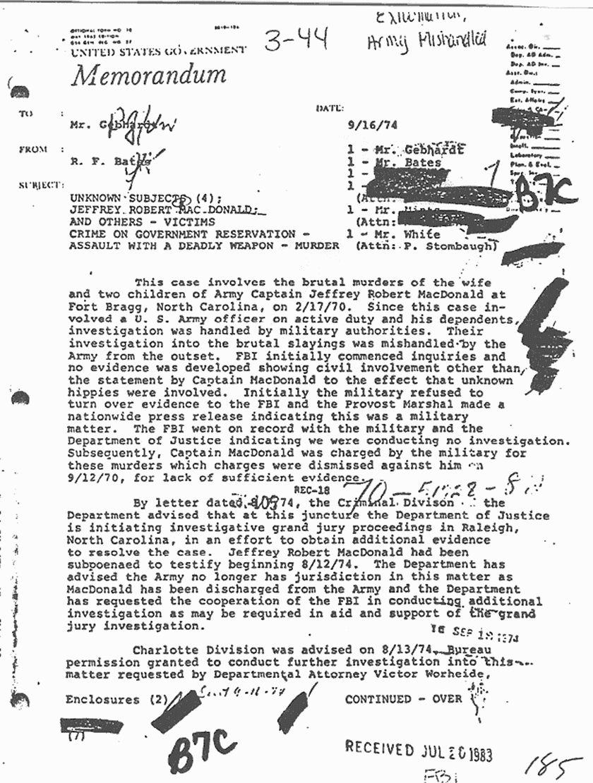 September 16, 1974: Memo re: FBI case participation and exhumations, p. 1 of 4