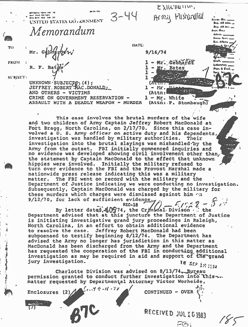 Memo re: FBI Jeffrey MacDonald case participation and exhumations ...