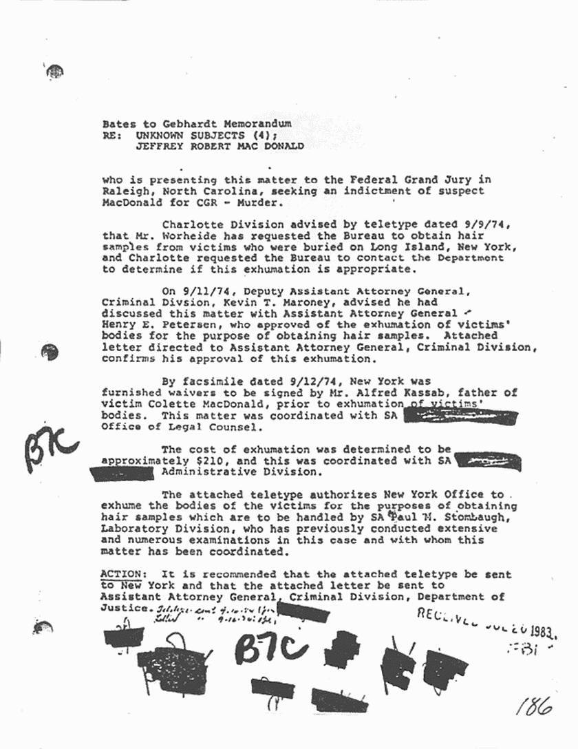 Memo re: FBI Jeffrey MacDonald case participation and exhumations ...