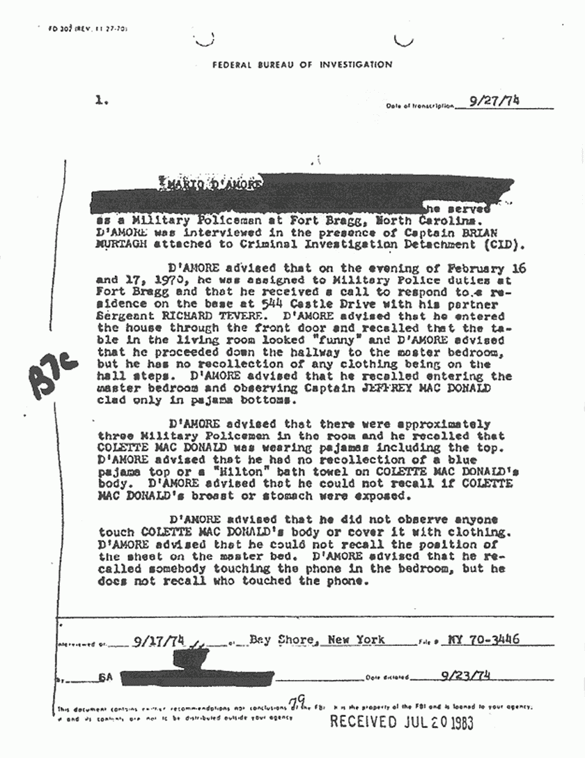 September 27, 1974: FBI File re: MP Mario D'Amore's observations (reported Sep. 17, 1974), p. 1 of 3
