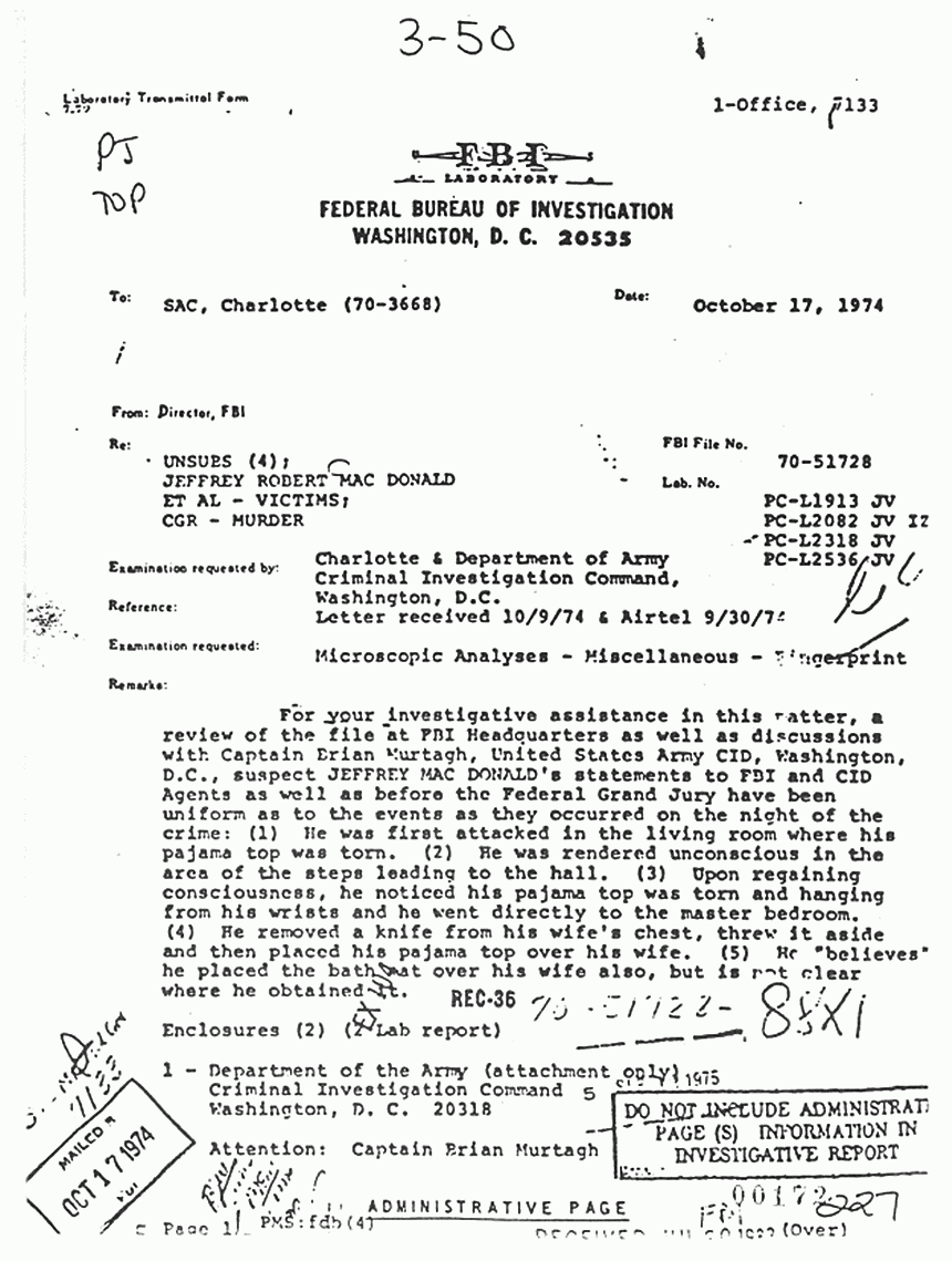 October 17, 1974: Letter re: Conclusions conflicting with Jeffrey MacDonald's statements, p. 1 of 2