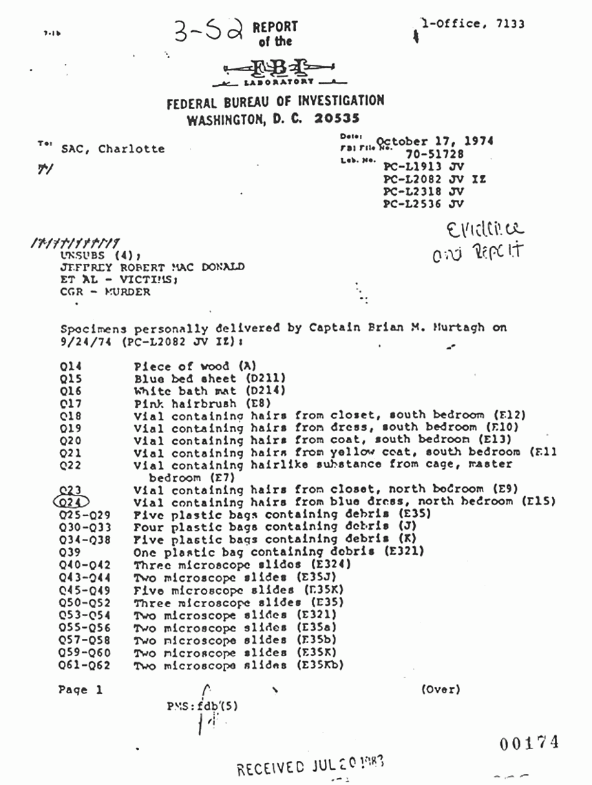 October 17, 1974: FBI Report re: Evidence delivered and results of examination by Paul Stombaugh, p. 1 of 6