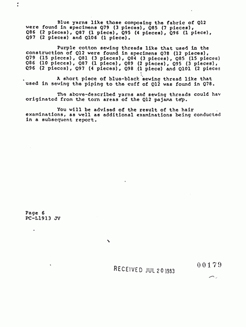 October 17, 1974: FBI Report re: Evidence delivered and results of examination by Paul Stombaugh, p. 6 of 6