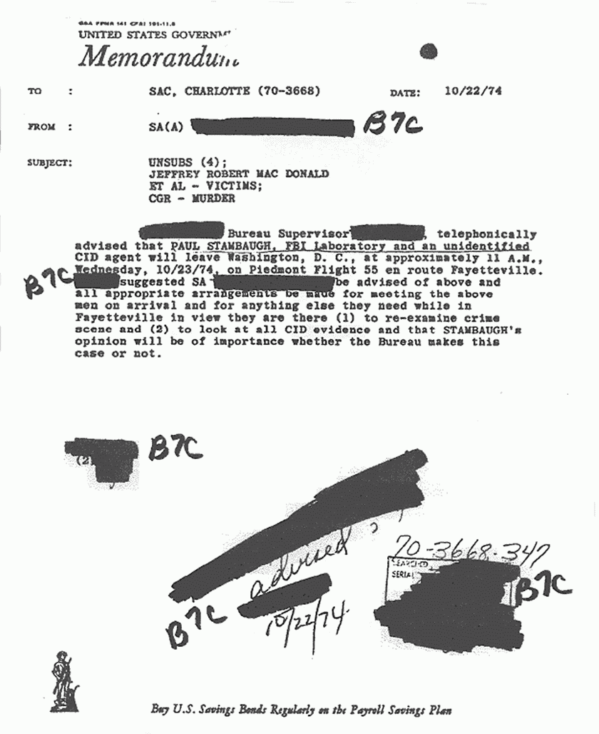 October 22, 1974: Memo re: Re-view of crime scene and CID evidence by Paul Stombaugh