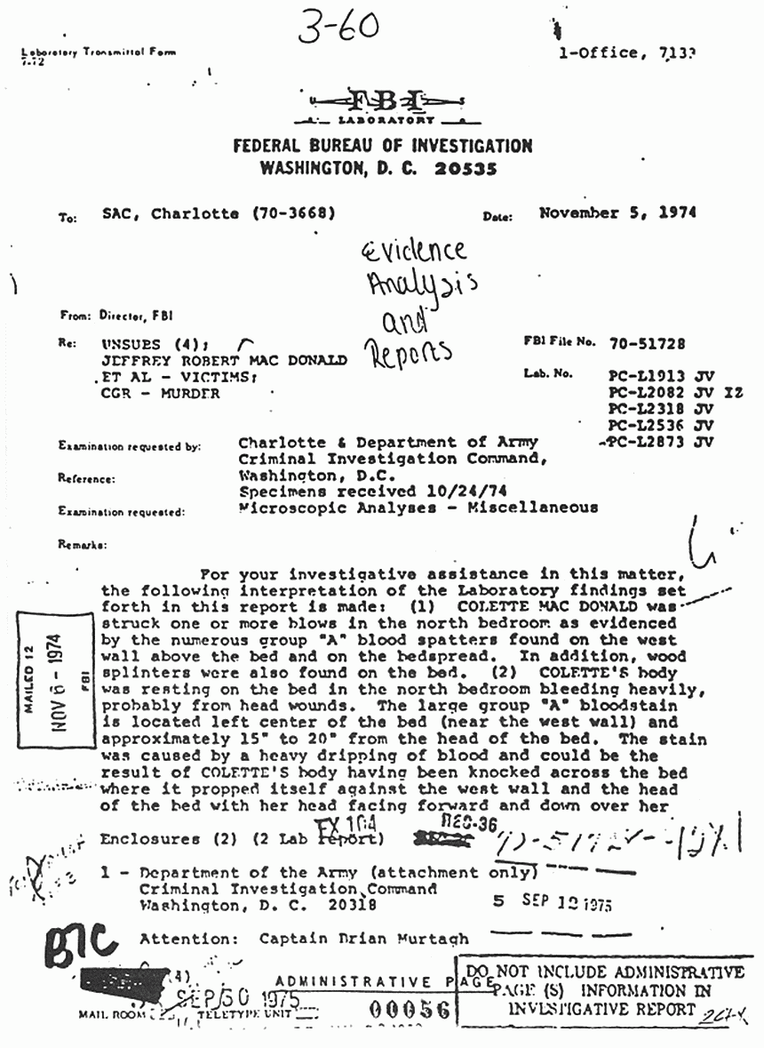 November 5, 1974: FBI Lab Report re: Colette MacDonald, p. 1 of 2