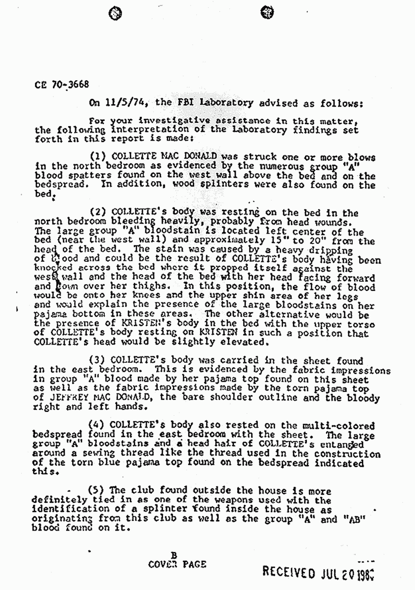 November 5, 1974: FBI Summary re: Laboratory findings, p. 1 of 2
