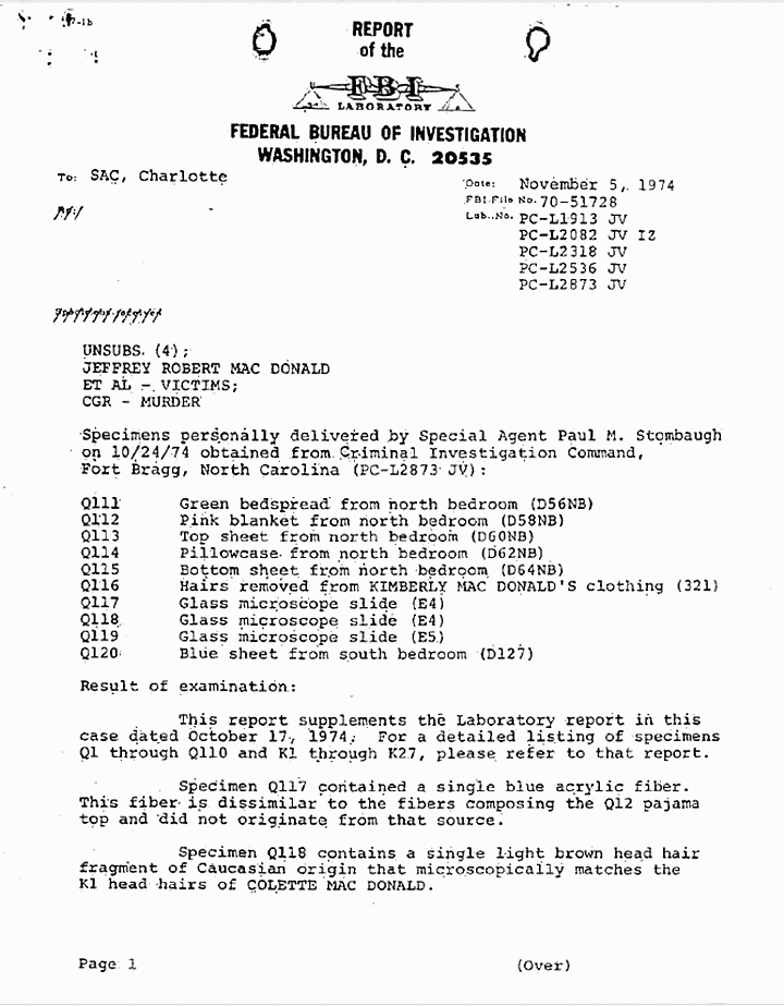 FBI Lab Report re Jeffrey MacDonald case bedding evidence Jeffrey
