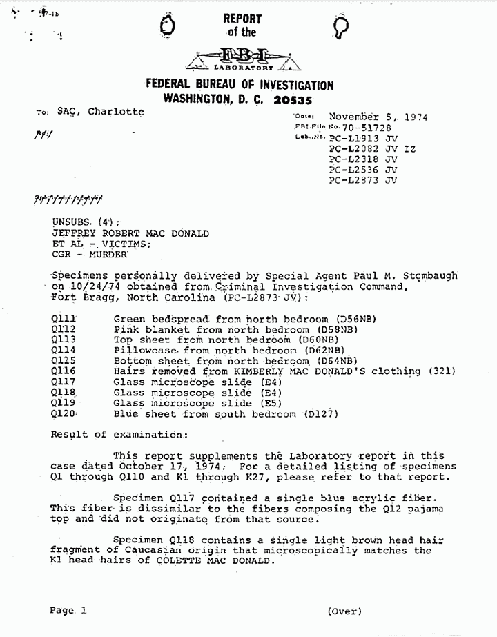November 5, 1974: Evidence delivered and results of examination by Paul Stombaugh (supplement to FBI Report dated Oct. 17, 1974), p. 1 of 4