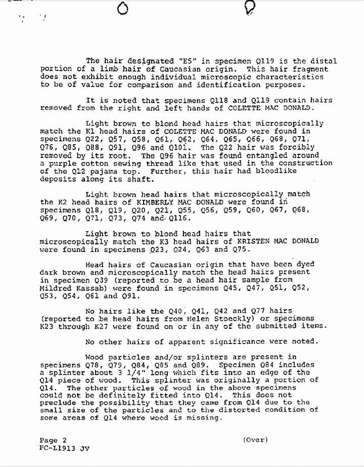 November 5, 1974: Evidence delivered and results of examination by Paul Stombaugh (supplement to FBI Report dated Oct. 17, 1974), p. 2 of 4