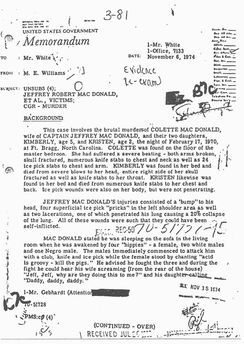 November 6, 1974: Memo re: Background and recent developments in the MacDonald case, p. 1 of 5