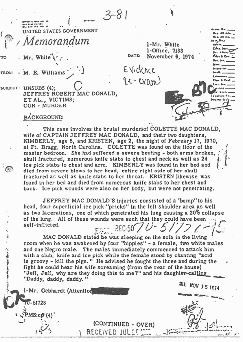 FBI memo re: Background and developments in the MacDonald case ...