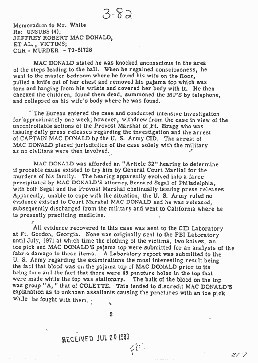 November 6, 1974: Memo re: Background and recent developments in the MacDonald case, p. 2 of 5