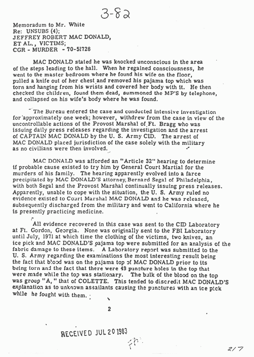 FBI memo re: Background and developments in the MacDonald case ...