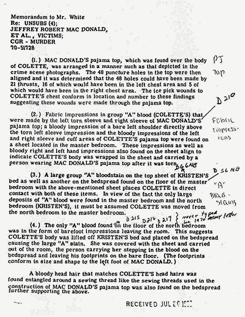 ca. November 5, 1974: Memo re: Conclusions disproving Jeffrey MacDonald's statements, p. 1 of 2