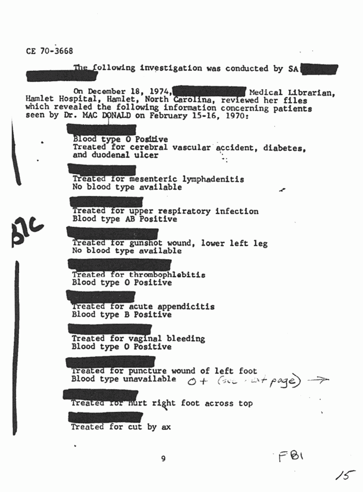 December 18, 1974: FBI Report excerpt: 'Investigation concerning identification of blood types of patients examined at Hamlet, North Carolina Hospital, February 15-16 1970', p. 2 of 3