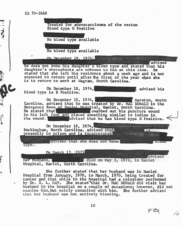 December 18, 1974: FBI Report excerpt: 'Investigation concerning identification of blood types of patients examined at Hamlet, North Carolina Hospital, February 15-16 1970', p. 3 of 3