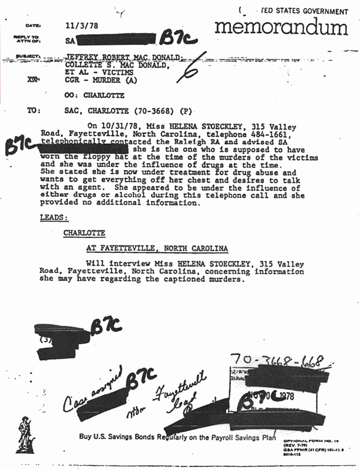 November 3, 1978: FBI Memo re: Contact from Helena Stoeckley on Oct. 31, 1978