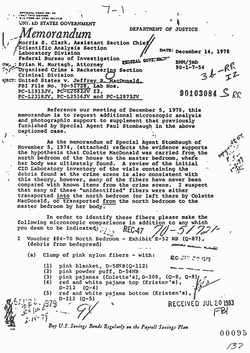 December 14, 1978: Letter from Brian Murtagh to Morris Clark (FBI) re: Request for Additional Microscopic Analysis and Photographic Support to Supplement Nov. 5, 1974 FBI Reports by Paul Stombaugh, p. 1 of 5