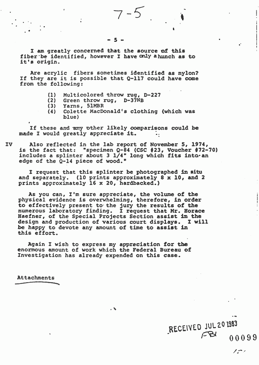 December 14, 1978: Letter from Brian Murtagh to Morris Clark (FBI) re: Request for Additional Microscopic Analysis and Photographic Support to Supplement Nov. 5, 1974 FBI Reports by Paul Stombaugh, p. 5 of 5