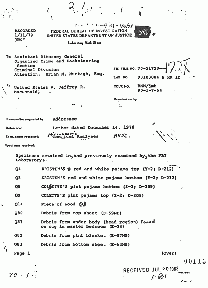 January 11, 1979: FBI Lab Worksheets re: Dec. 14, 1978 letter from Brian Murtagh to Morris Clark (FBI), p. 1 of 3