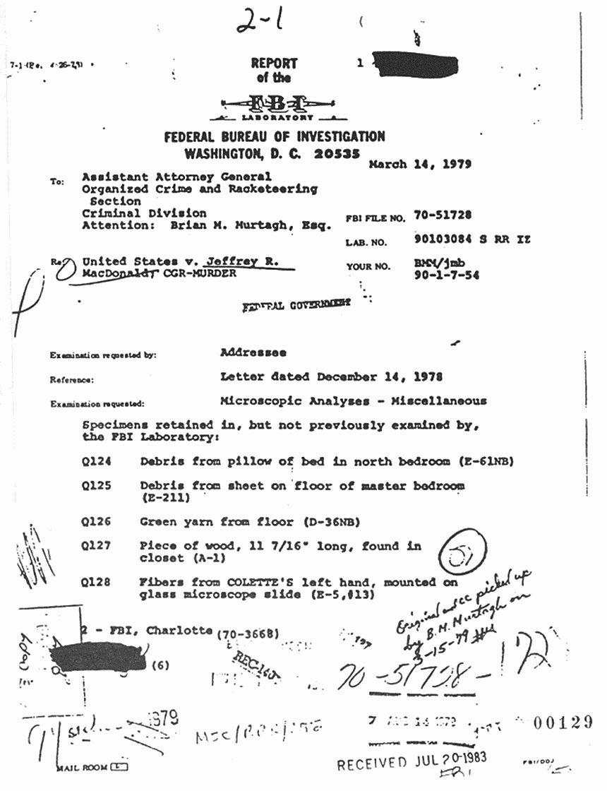 March 14, 1979: FBI Lab Results re: Dec. 14, 1978 letter from Brian Murtagh to Morris Clark (FBI), p. 1 of 4