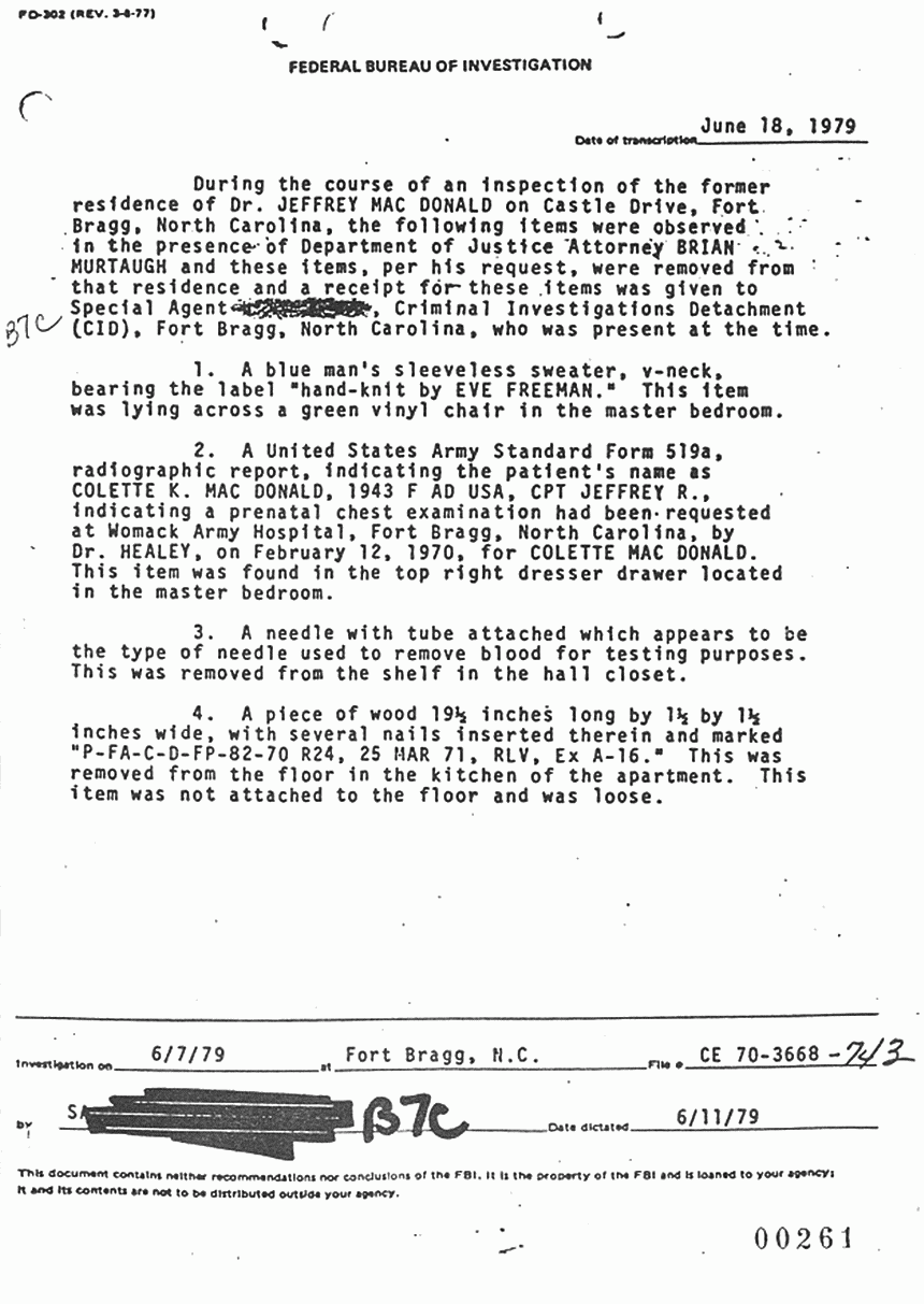 June 18, 1979: FBI File re: Investigative activity reported June 7, 1979