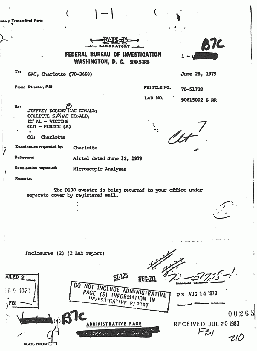 June 28, 1979: FBI Lab Report re: Return of man's blue sweater found in master bedroom June 7, 1979