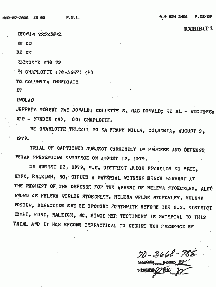 August 13, 1979: FBI advisory re: Material Witness Bench Warrant issued for Helena Stoeckley, p. 1 of 2