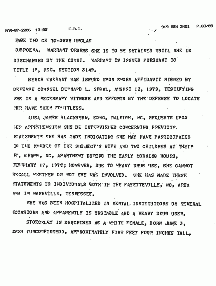 August 13, 1979: FBI advisory re: Material Witness Bench Warrant issued for Helena Stoeckley, p. 2 of 2