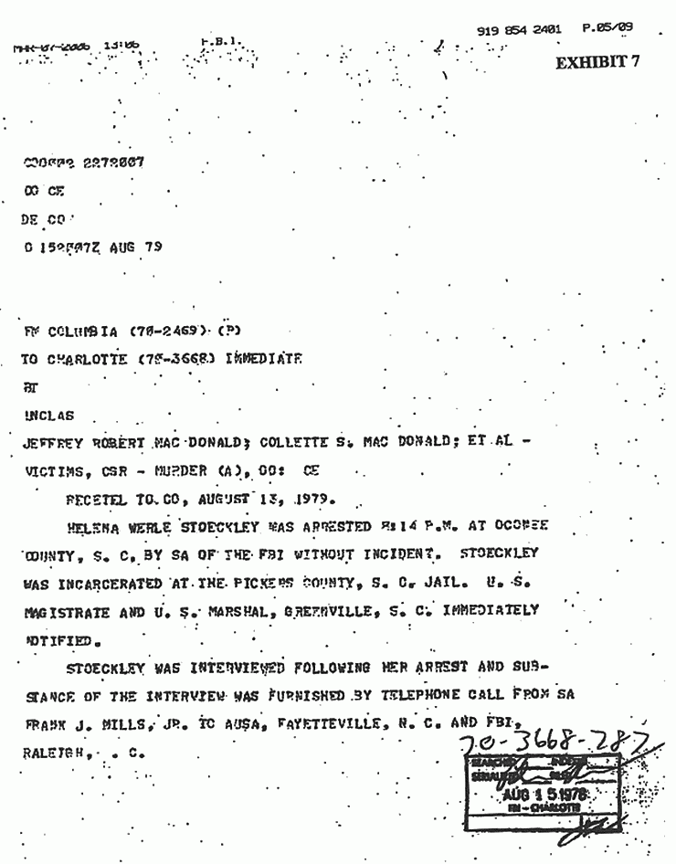 August 13, 1979: FBI notification to U.S. Magistrate and U.S. Marshal re: arrest of Helena Stoeckley, p. 1 of 2