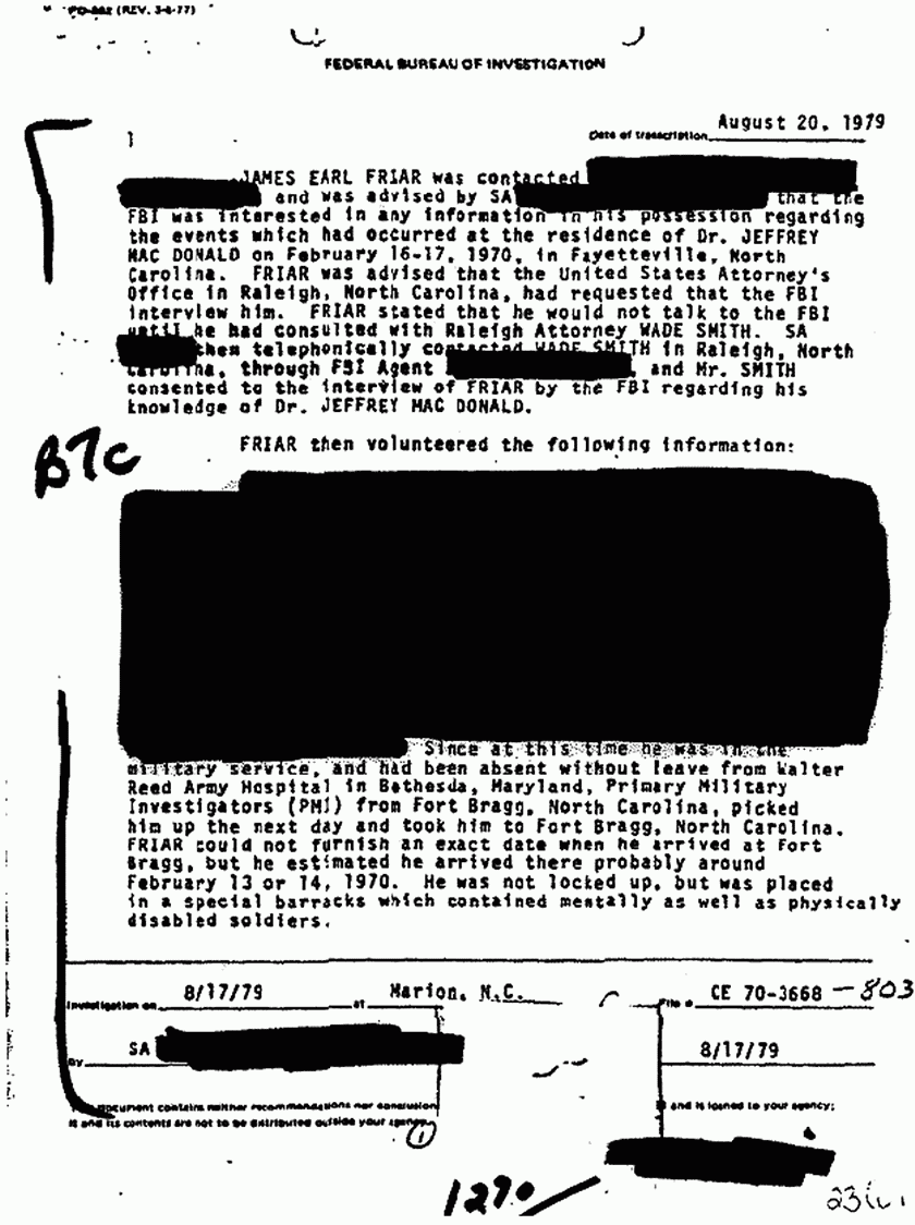 August 20, 1979: FBI File re: Investigative activity reported Aug. 17, 1979, re: James Earl Friar, p. 1 of 5