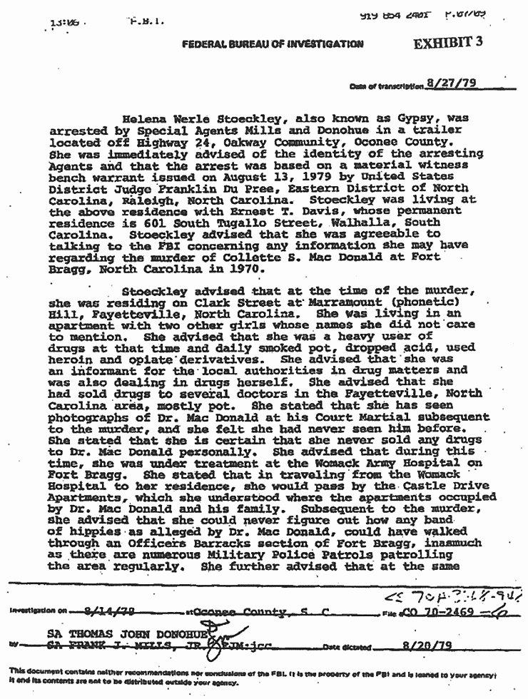 August 27, 1979: FBI File of investigative activity on Aug. 14, 1979 re: Helena Stoeckley, p. 1 of 3